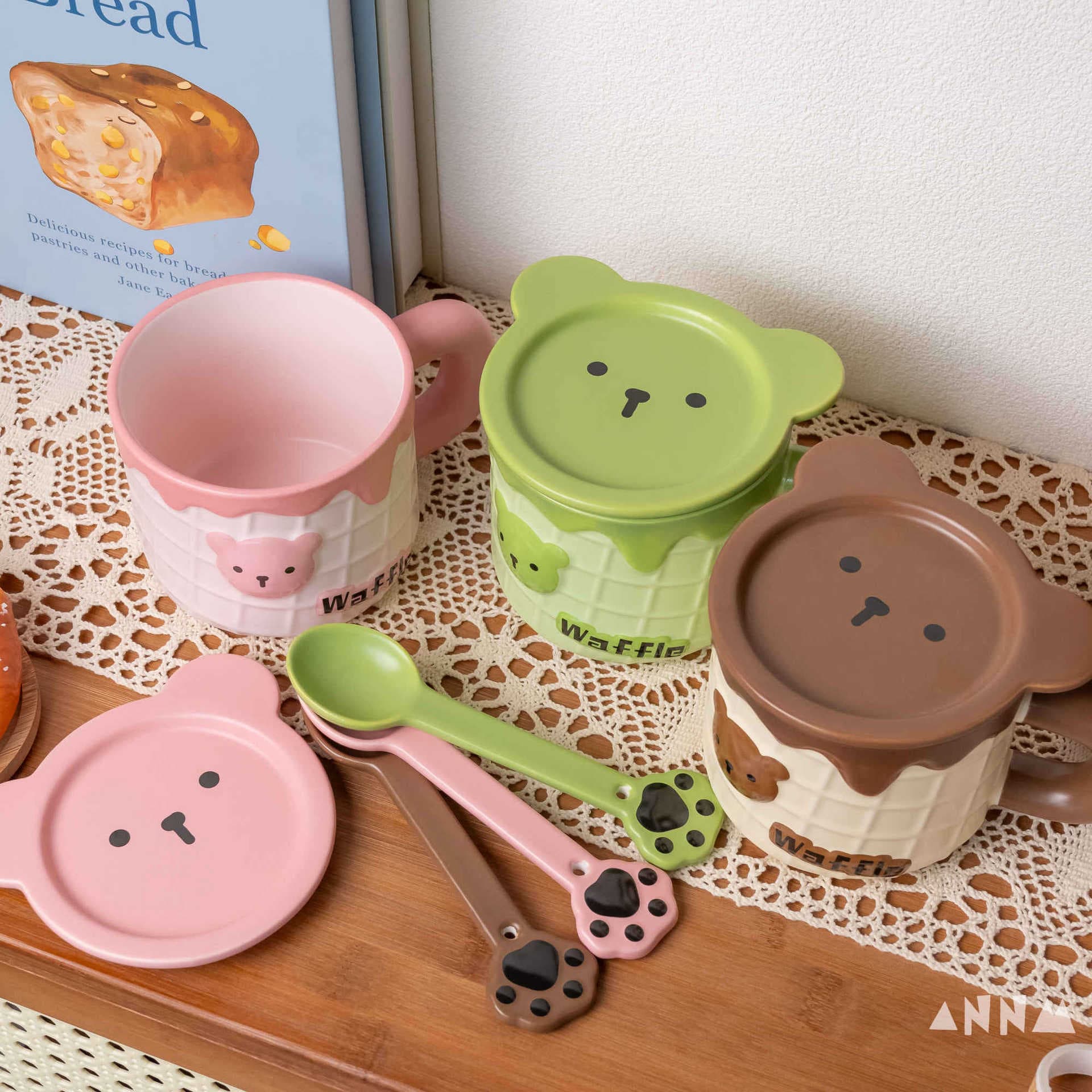 Bear Waffle Mug Ceramic Cup with Lid Drinking Cup Spoon Cup Office Breakfast Cup Couple Gift Cup