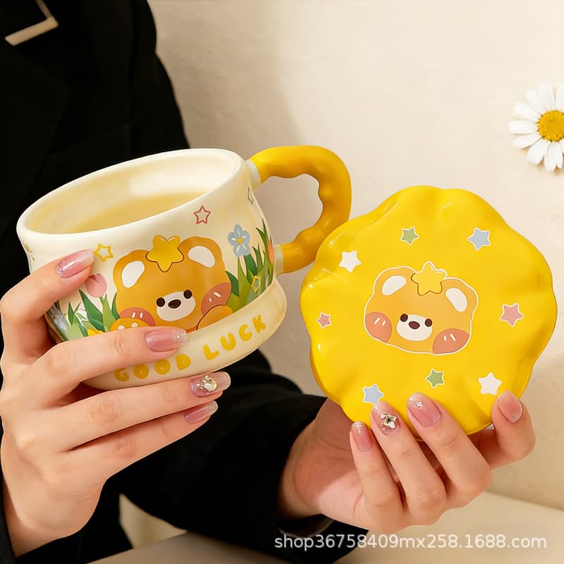 Cute animal ceramic mug with lid household drinking cup breakfast coffee milk cup birthday gift cartoon