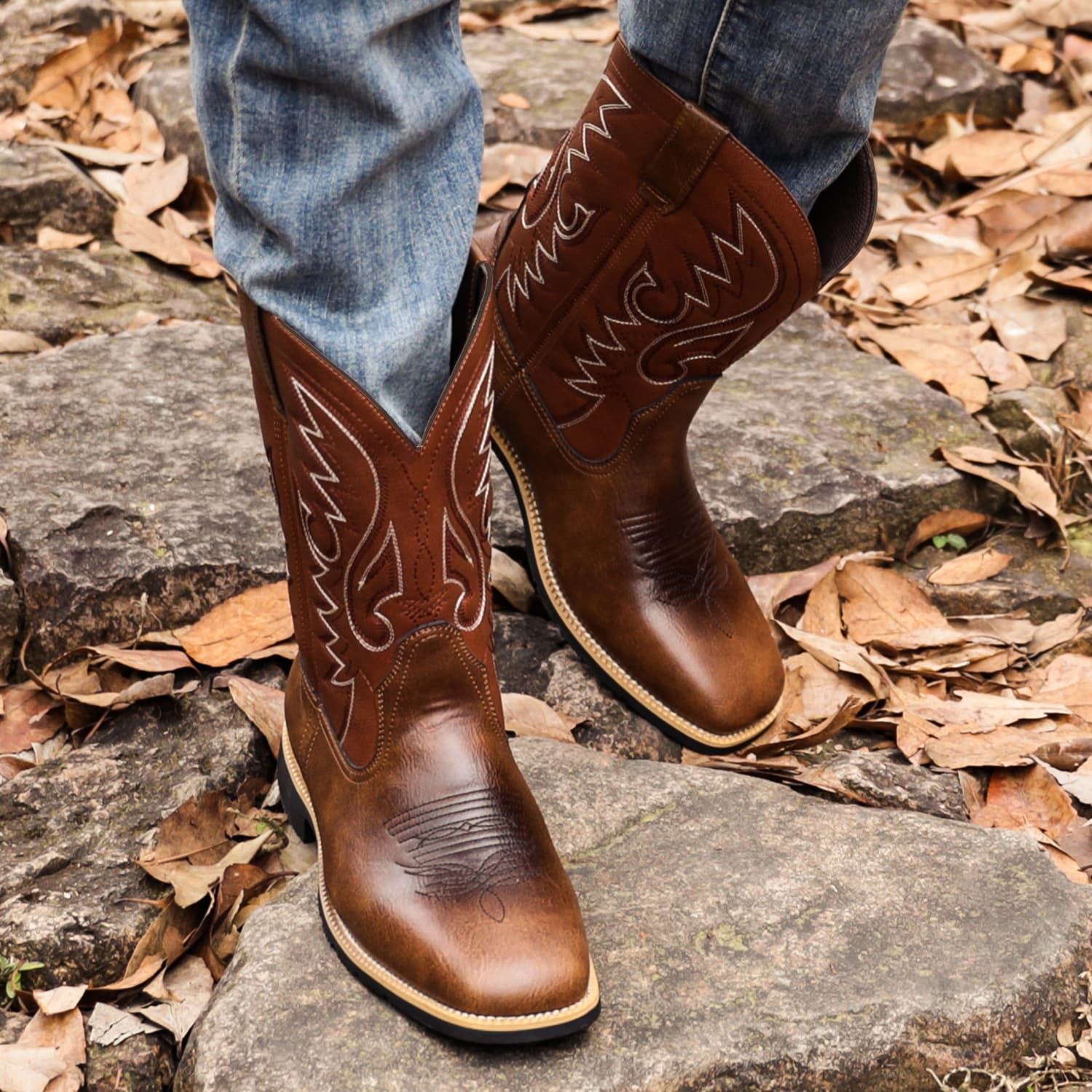HPIOPL8802 High-top Embroidered Retro Slip-on Wide-toe Western Cowboy Boots, OPP Zipper Bag Packaging