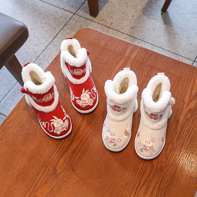 Embroidered Girls Shoes Winter Fleece Lined Hanfu New Year Visit Shoes Old Beijing Princess Ancient Costume Children Boots