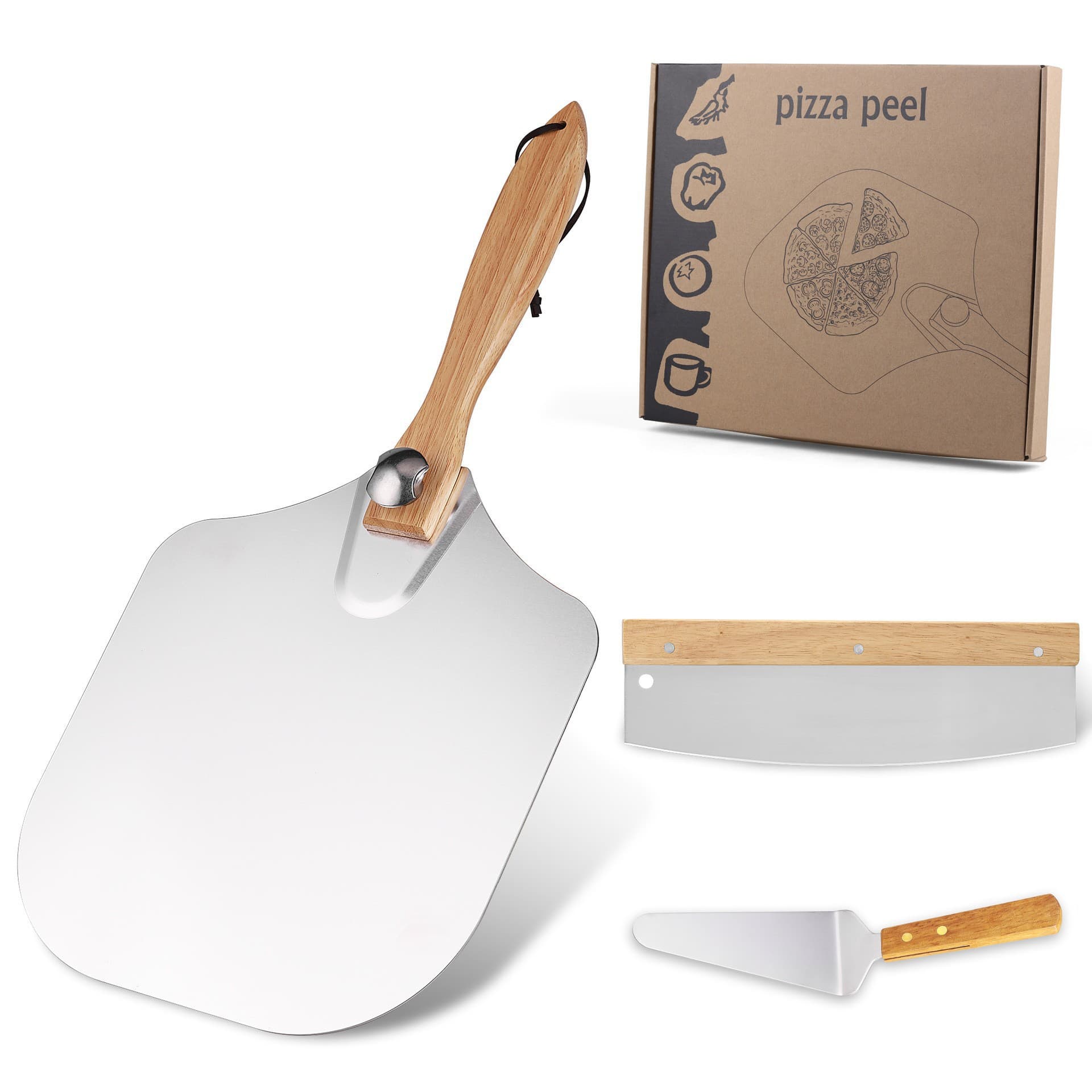 Folding aluminum pizza shovel 12-inch wooden handle transfer pizza shovel pizza cutter tool combination set baking pizza shovel