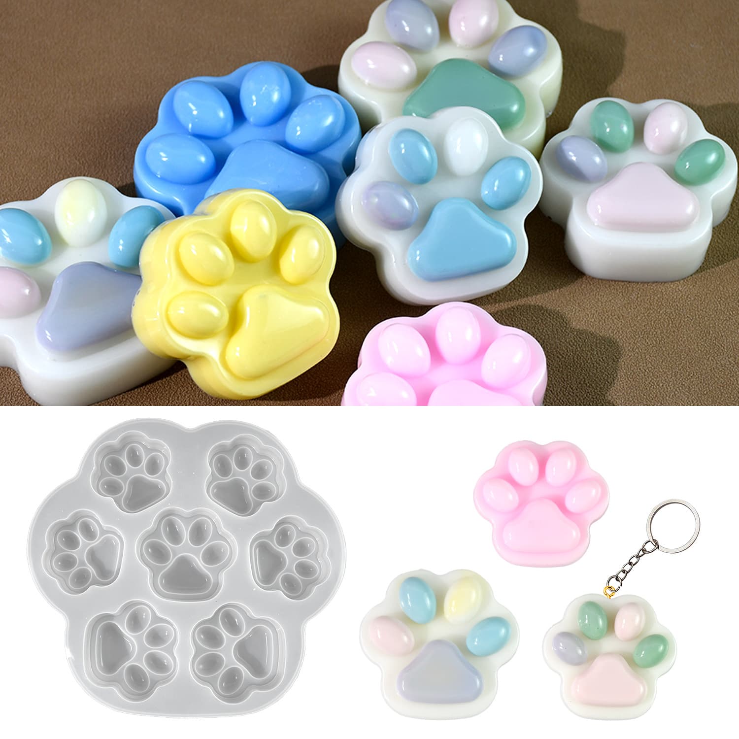 DIY Epoxy Resin Mold 7-Cavity Cat Paw Silicone Mold Pendant Keychain Cat Paw Squishy Mold