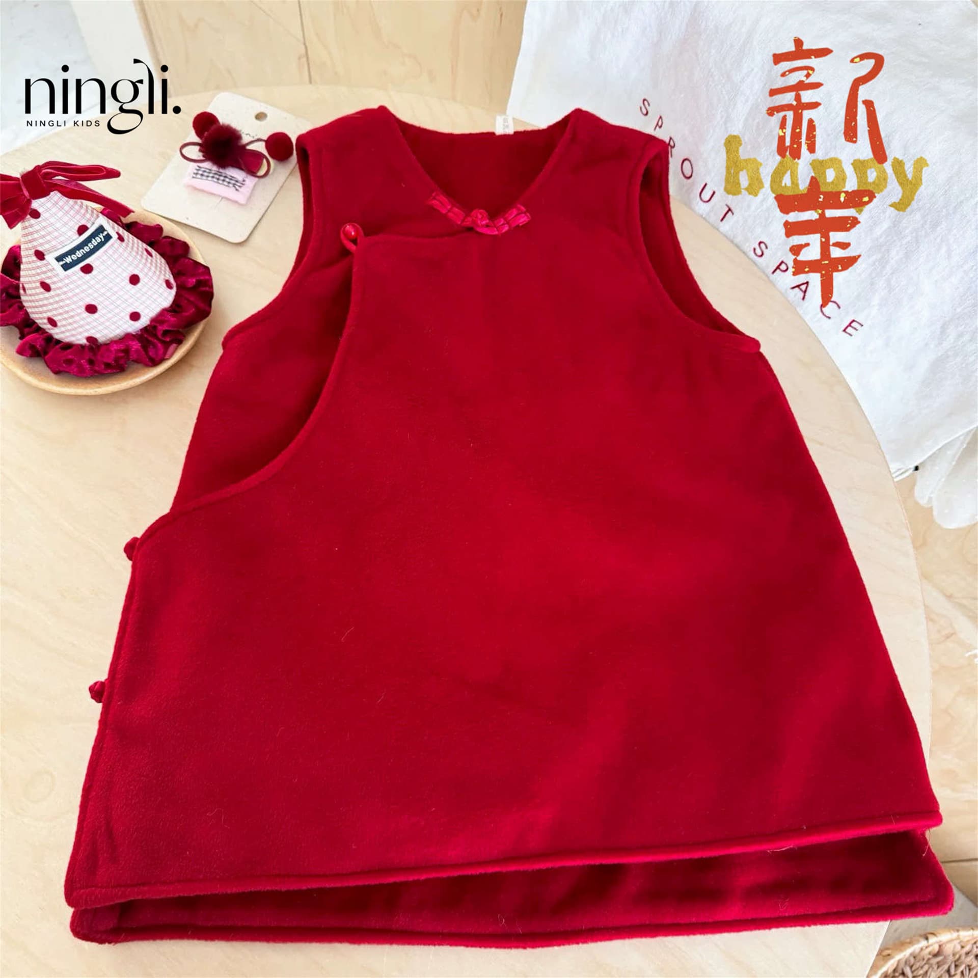 Ningli Girls Thickened Dress Winter Children's Dress Festive Girls Red New Year's Wear New Chinese Style Tank Top