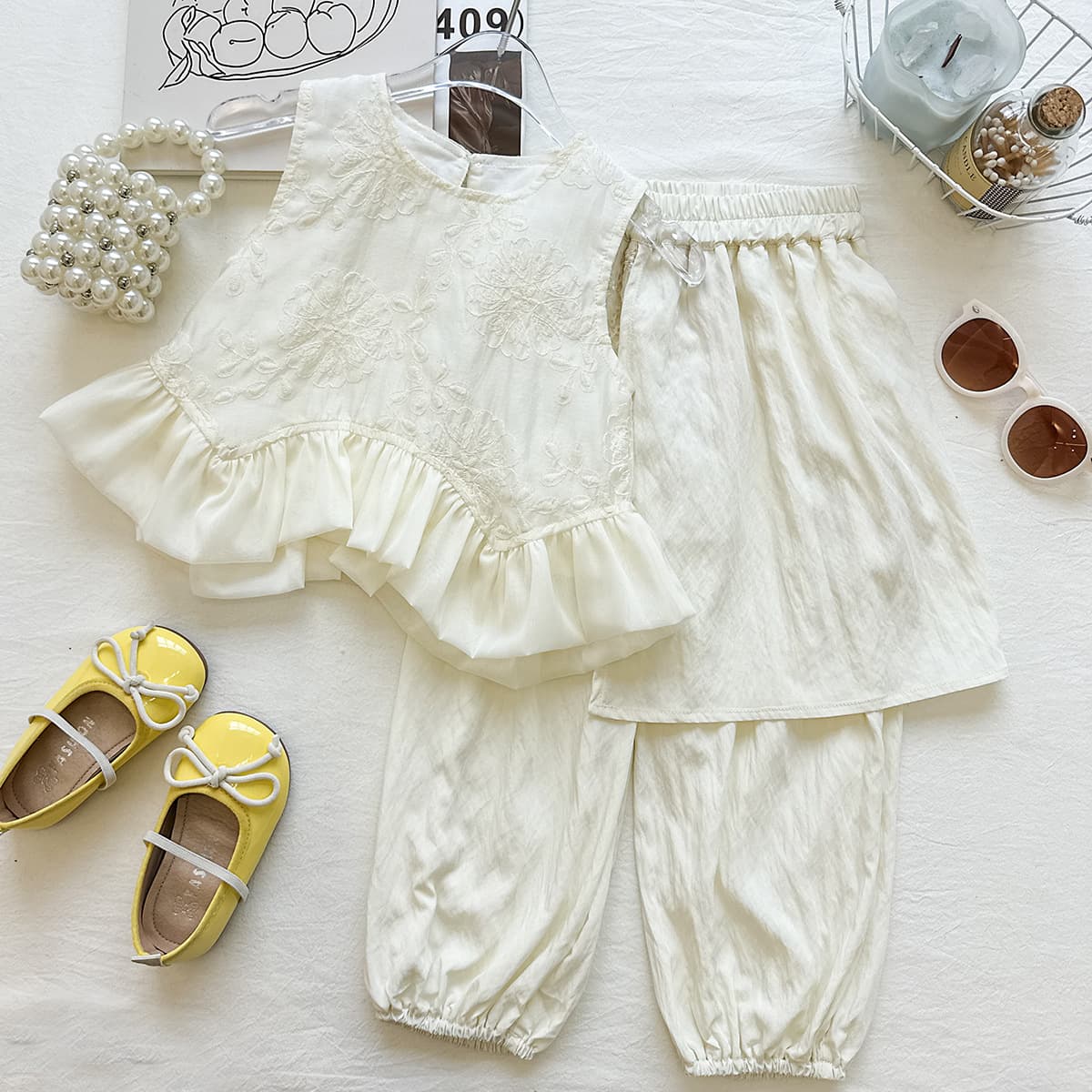 2026 Summer Girls Suit New Embroidered Flower Vest Top Lace Spliced Pants Two-piece Set Cross-Border