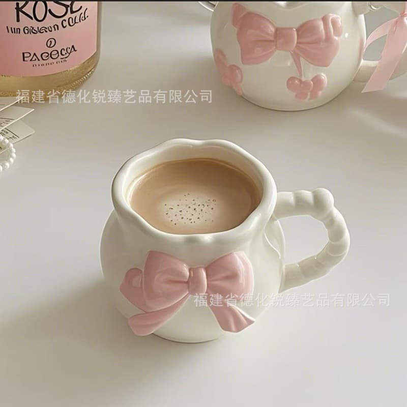 Cross-border Custom Ceramic Mug, Valentine's Day Women's Day Pink Gift Coffee Cup, Bowknot Cup