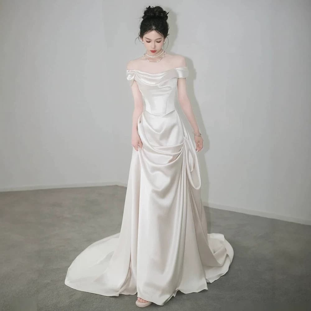 Satin Light Wedding Dress with Off-Shoulder, Simple Vintage French Style for Wedding Reception, Simple Elegant White Engagement Dress for Women