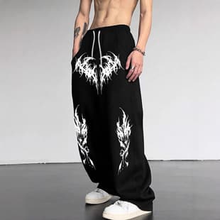Spring/Autumn New Y2K Dark Gothic Print Loose Fitting Slimming Unisex Drawstring Sweatpants Wide Leg