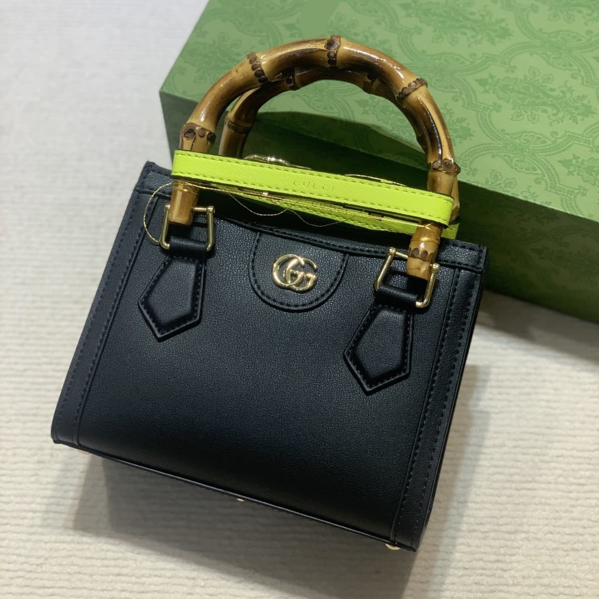 G Diana Series Small Bamboo Handle Tote Bag Fashion Shoulder Bag Crossbody Bag Genuine Leather with Tie Belt