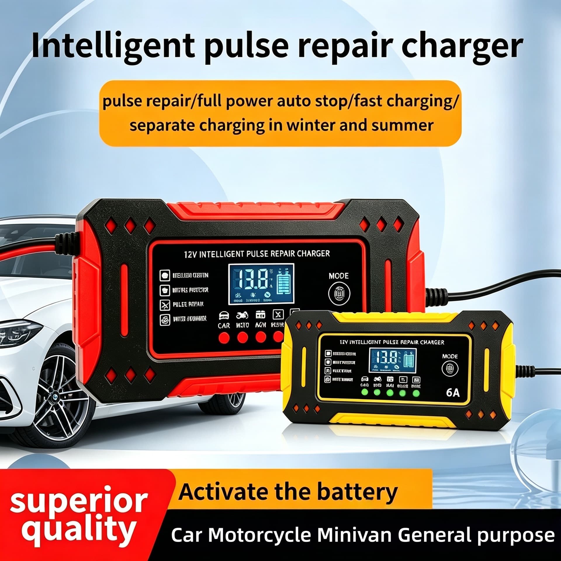 12V 6A Smart Pulse Repair Charger for Start-Stop Cars, Motorcycles, AGM Batteries, EU/US Plug