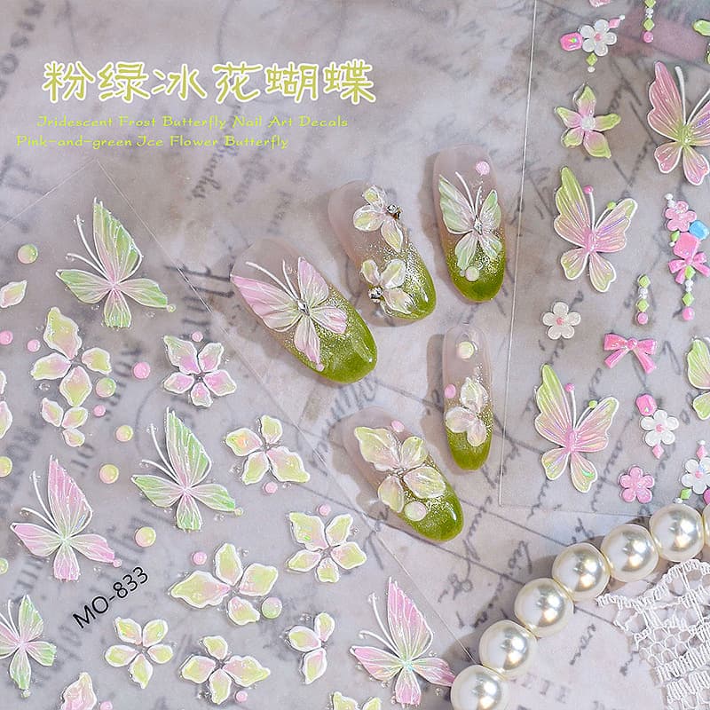 Embossed Fresh Pink-Green Ice Flower Butterfly Nail Stickers Iridescent 3D Five-Petal Flower Butterfly Nail Art Decoration Stickers