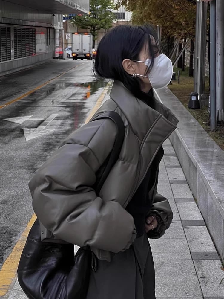 Down Cotton Short Coat Winter Korean Style Thickened Women's 2025 Cotton Jacket Petite New PU Leather Quilted Jacket