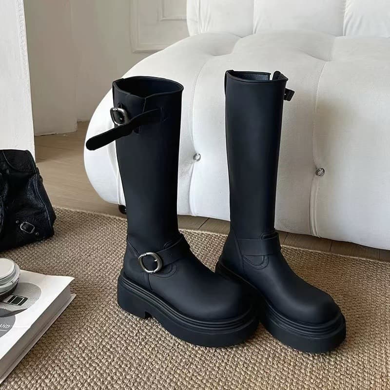 Belt Buckle Long Boots Women 2026 New Style Petite Height Increase Slimming Not Over Knee Boots Thick Sole High Tube Riding Boots