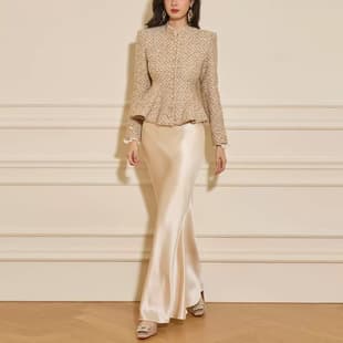 French Elegant Little Chanel Style Suit Women Champagne Tweed Top + Satin Bodycon Mermaid Skirt Two-Piece Set