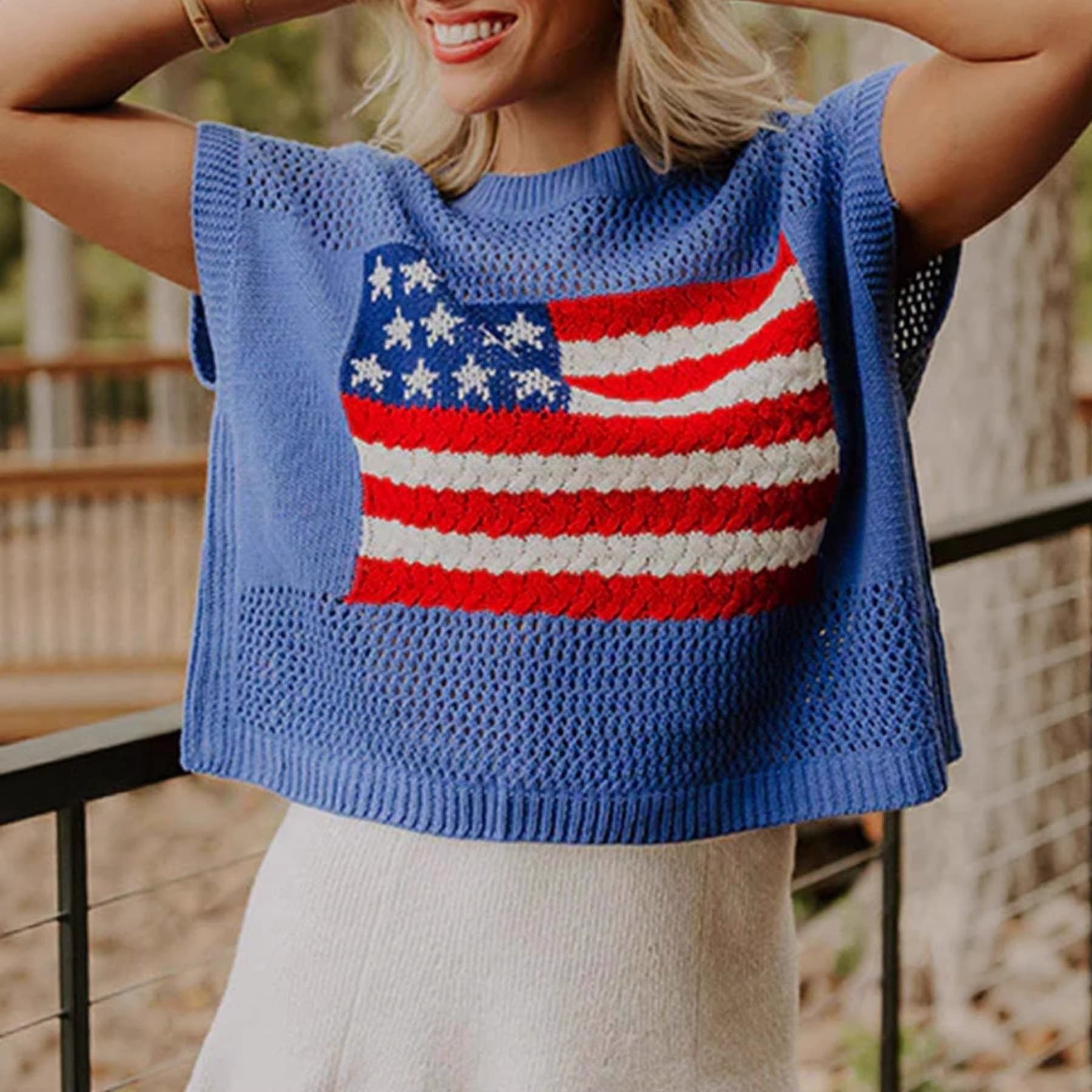 2026 Crew Neck Short Sleeve Sweater Women's Casual Stars and Stripes Top Women's Lightweight Sweater