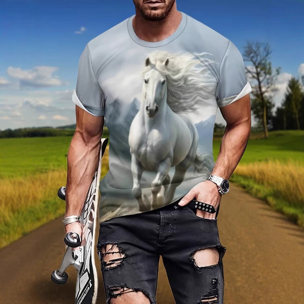 Temu Cross-Border Men's 3D Mustang Graphic Print Short Sleeve T-Shirt, Summer Cool Breathable Round Neck Top