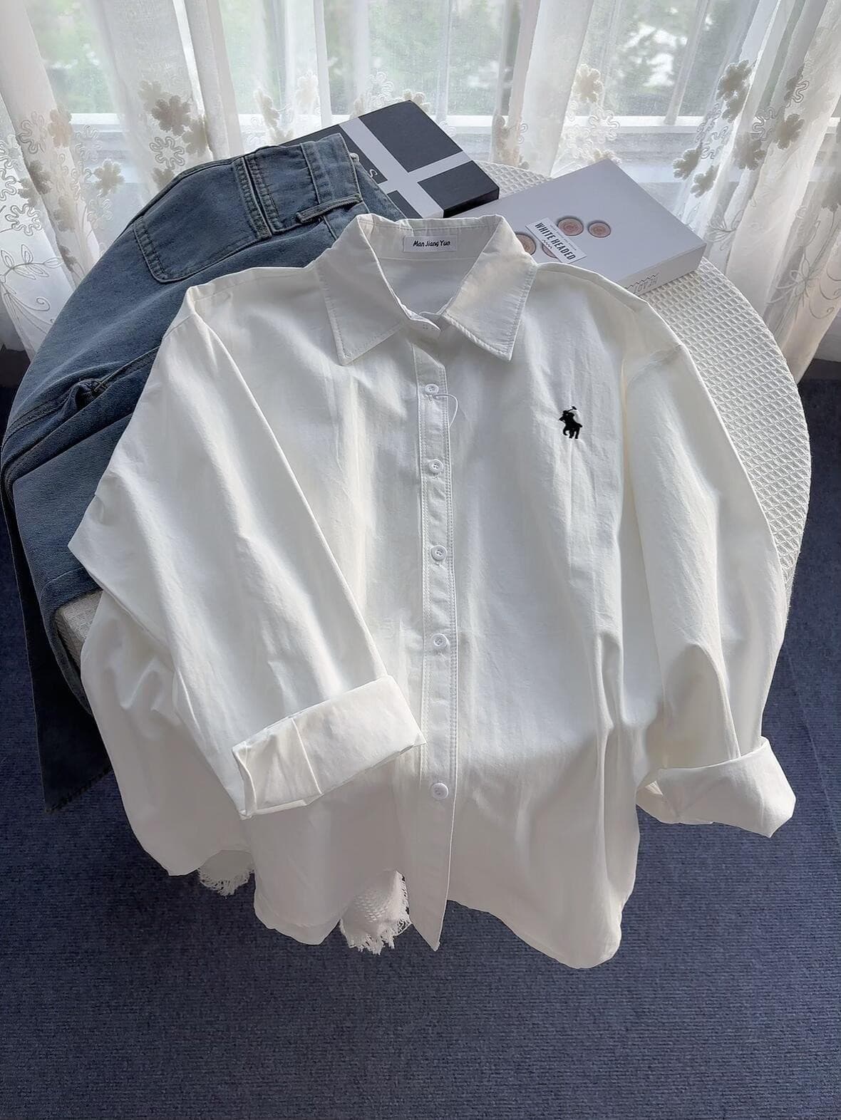 Korean-style Notched Collar Blue Blouse for Women Spring Summer Loose Fit Slimming Long Sleeve Shirt with Small Embroidery Top