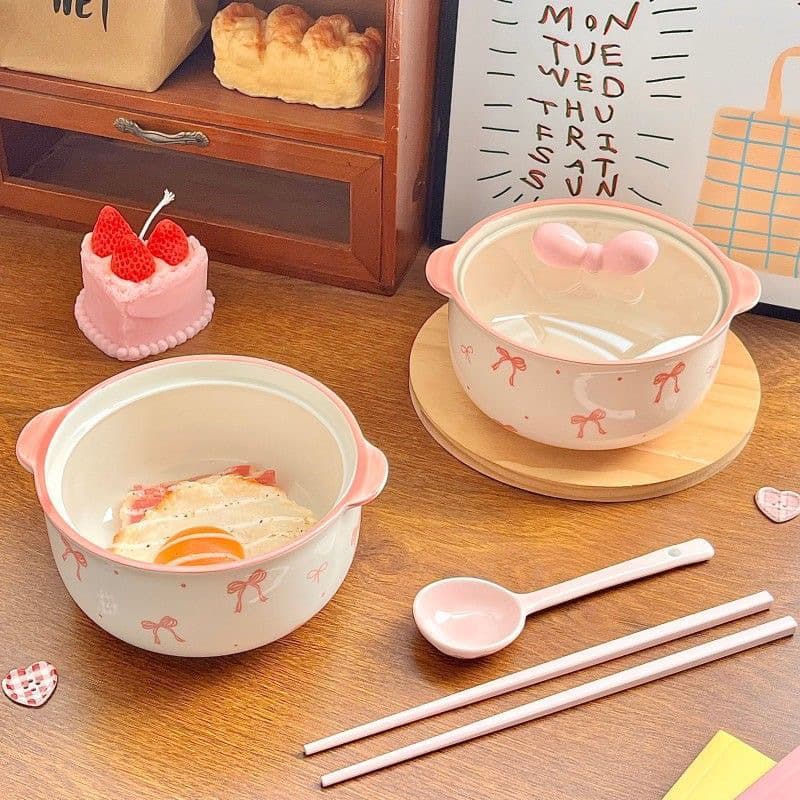 High-Quality Anti-Scald Noodle Bowl with Butterfly Knot Design, Ceramic Underglaze Color, Double Ears, and Butterfly Knot Lid Knob
