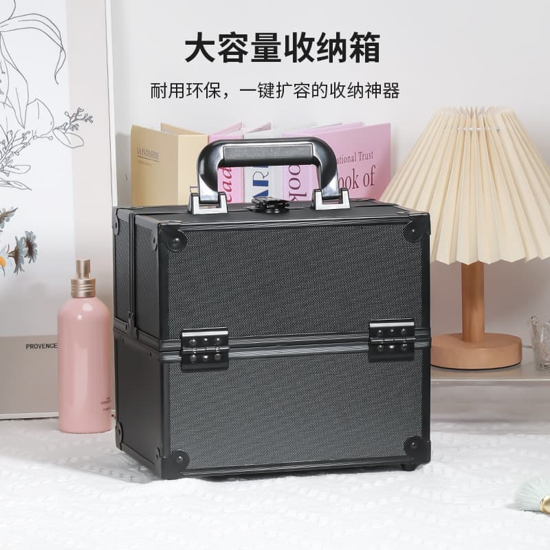 Aluminum alloy makeup box professional black portable beauty and manicure tool box large capacity jewelry storage box