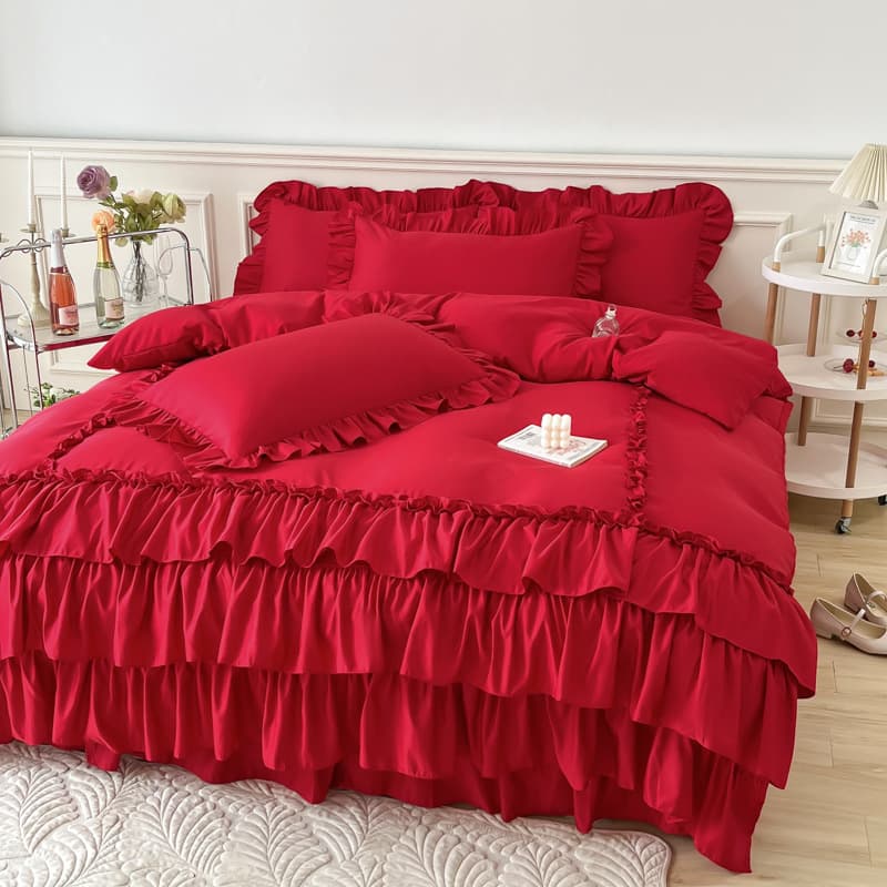 Wholesale Festive Red Wedding Lace Hemmed Multilayer Trim 4-Piece Bedding Set for Bridal Room