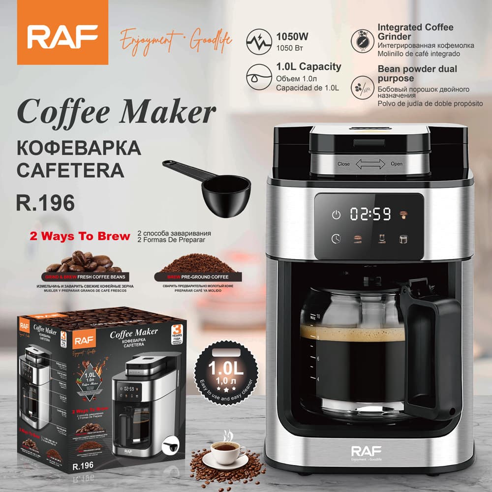 European American style fully automatic coffee machine with grinding drip coffee pot and timer touch screen coffee machine 1L