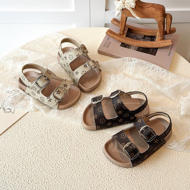Children's French Double-Buckle Sandals 2026 Summer New Arrival for Boys and Girls, Soft-Sole Non-Slip Beach Shoes, Fashionable Printed Roman Style