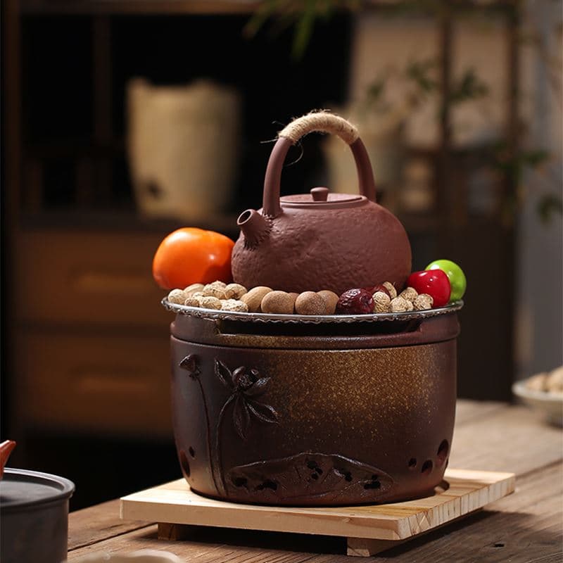 Charcoal Stove with Handmade Lotus Pot for Indoor Tea Table, Retro Wood-Fired Tea Brewing Set with Carrying Handle