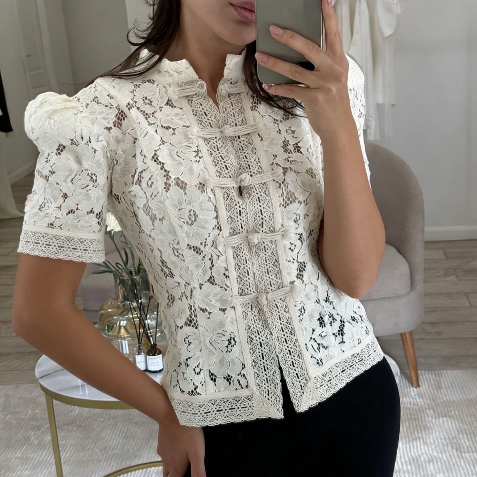 2026 Summer New Arrival European and American Hot Selling Fashionable and Elegant Commuter Lace Crochet Stand Collar Slim Fit Short Sleeve Shirt for Women