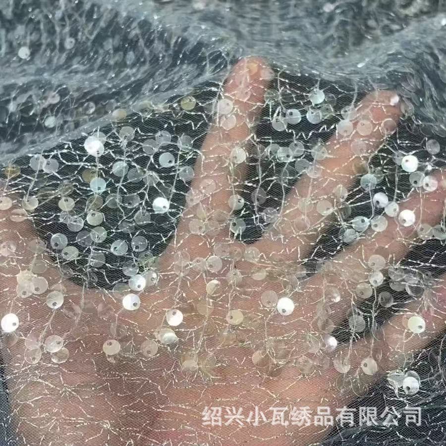 Transparent sequin double layer mesh random pieces mesh silver embroidery fabric ready stock sequin suspender dress embroidery
