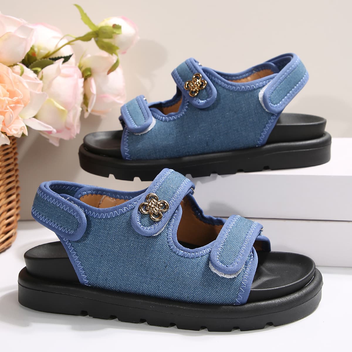 Summer Large Size Foreign Trade Denim Velcro High Heel Thick Sole Sandals 2025 New Cross-Border European American Roman Women