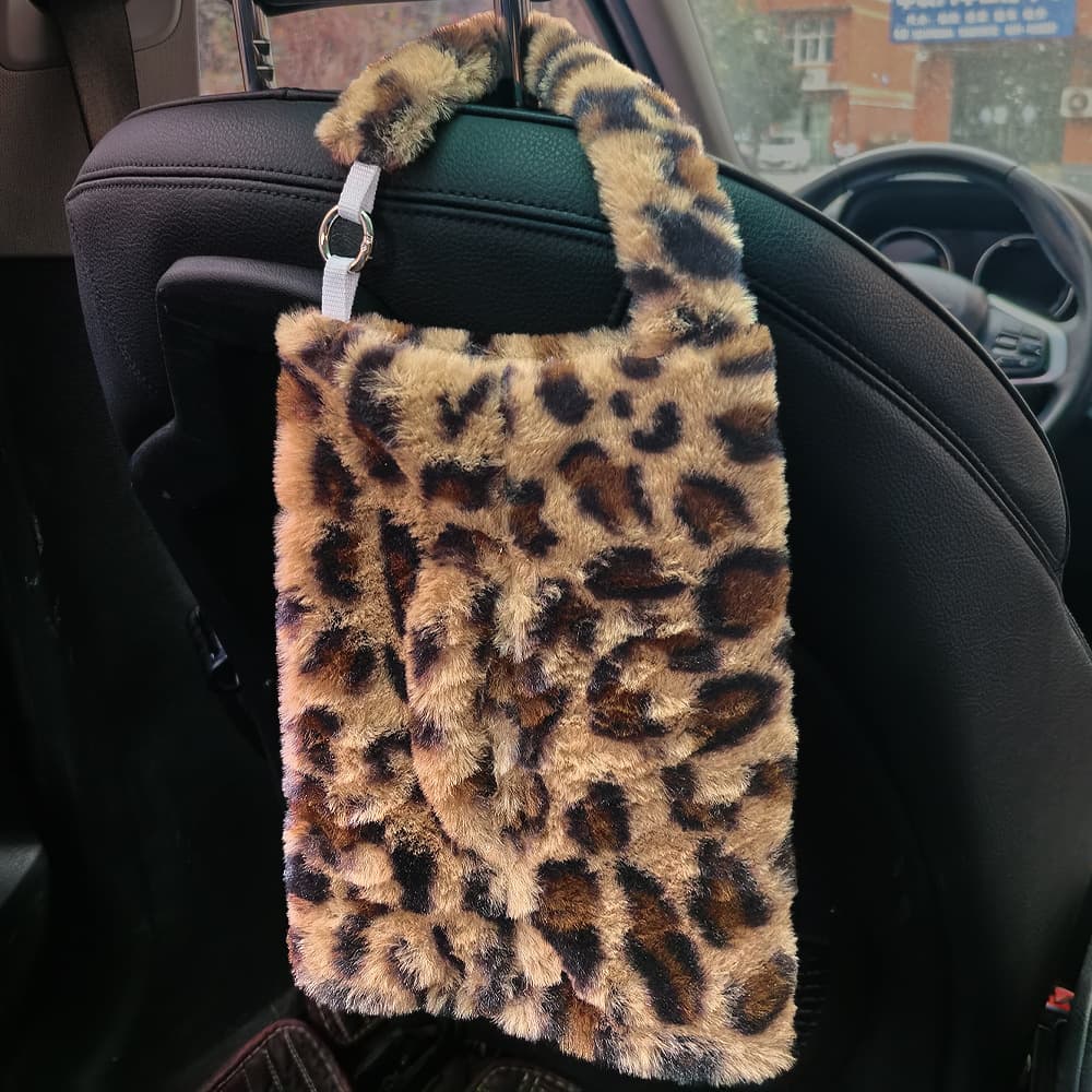 Plush Leopard Print Car Tissue Box, Fashionable Hanging Tissue Holder, Creative Car Interior Accessory Tissue Dispenser