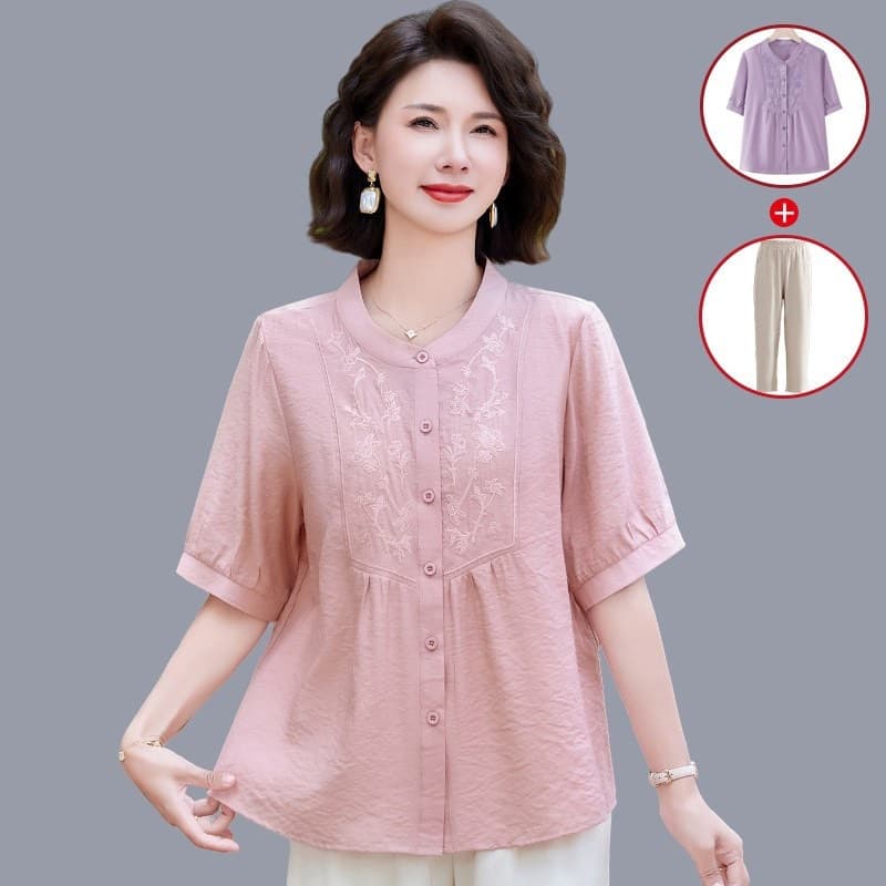 Mom's summer shirt suit 2026 new short-sleeved T-shirt shirt middle-aged and elderly women's national style tops