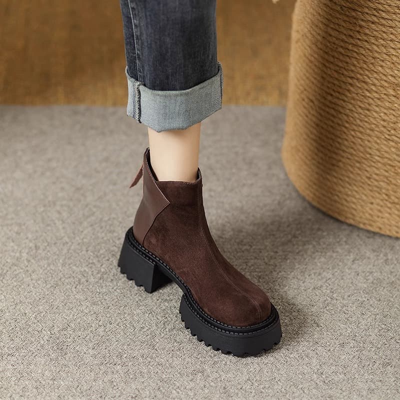 In Stock Retro Round-Toe Genuine Leather Platform Ankle Boots 2024 Autumn/Winter New Suede Height-Increasing Versatile Chunky Heel Martin Boots Women