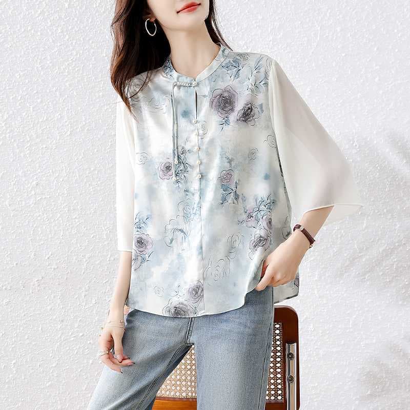 Real Shot Print Fashion Blouse 2025 Summer Loose Plus Size Chinese Style Slimming Covering Versatile Casual Small Shirt
