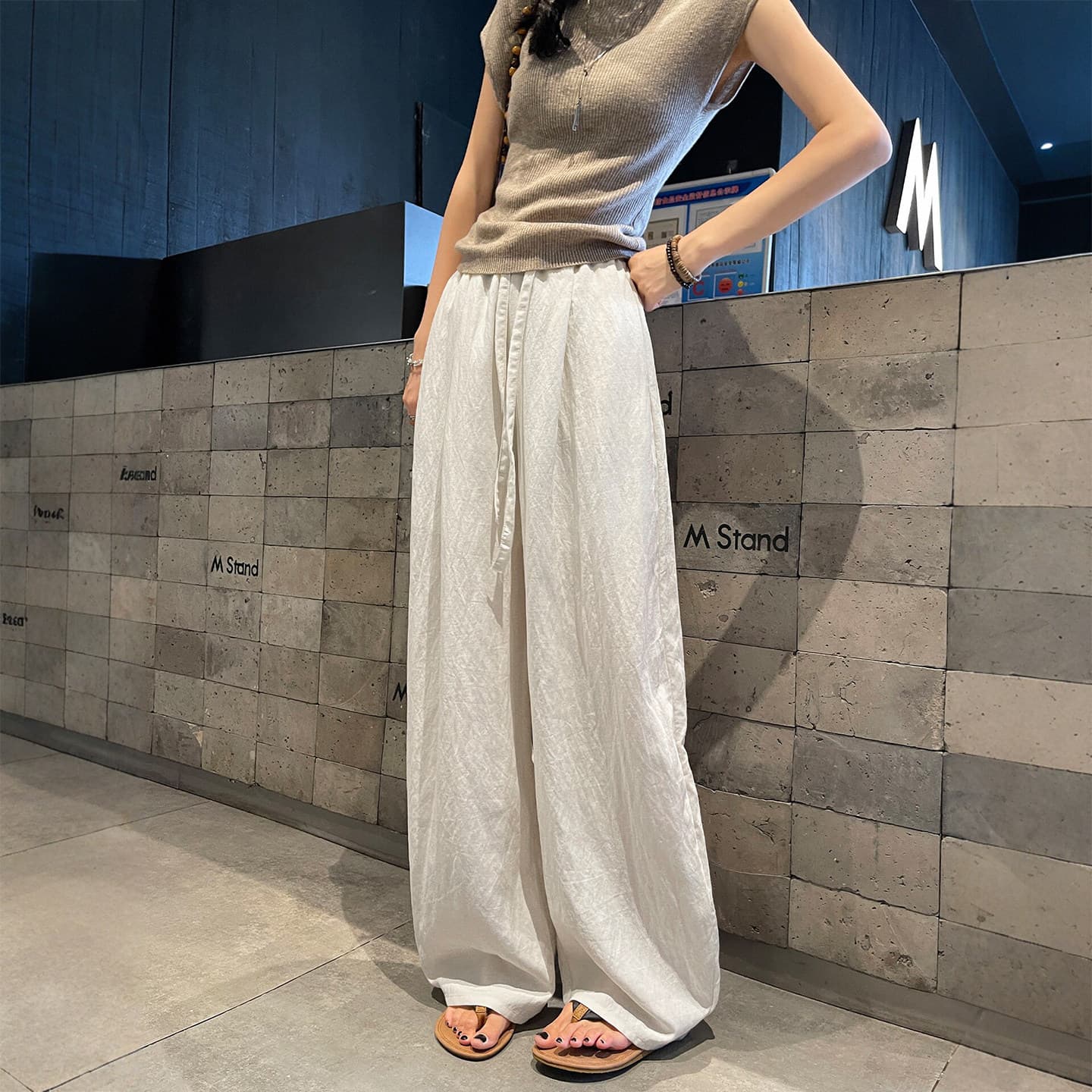 White Linen Curved Hem Pants for Women, Summer 2026 New Thin Style, Petite Old Money Style, Drapey Casual Wide-Leg Pants