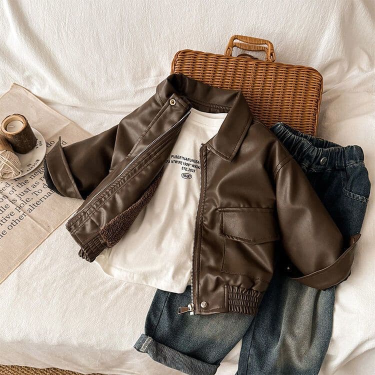 Children's Leather Jacket 2026 Autumn New Arrival Boys Girls Solid Color Lapel Leather Jacket Baby Korean Style Motorcycle Jacket