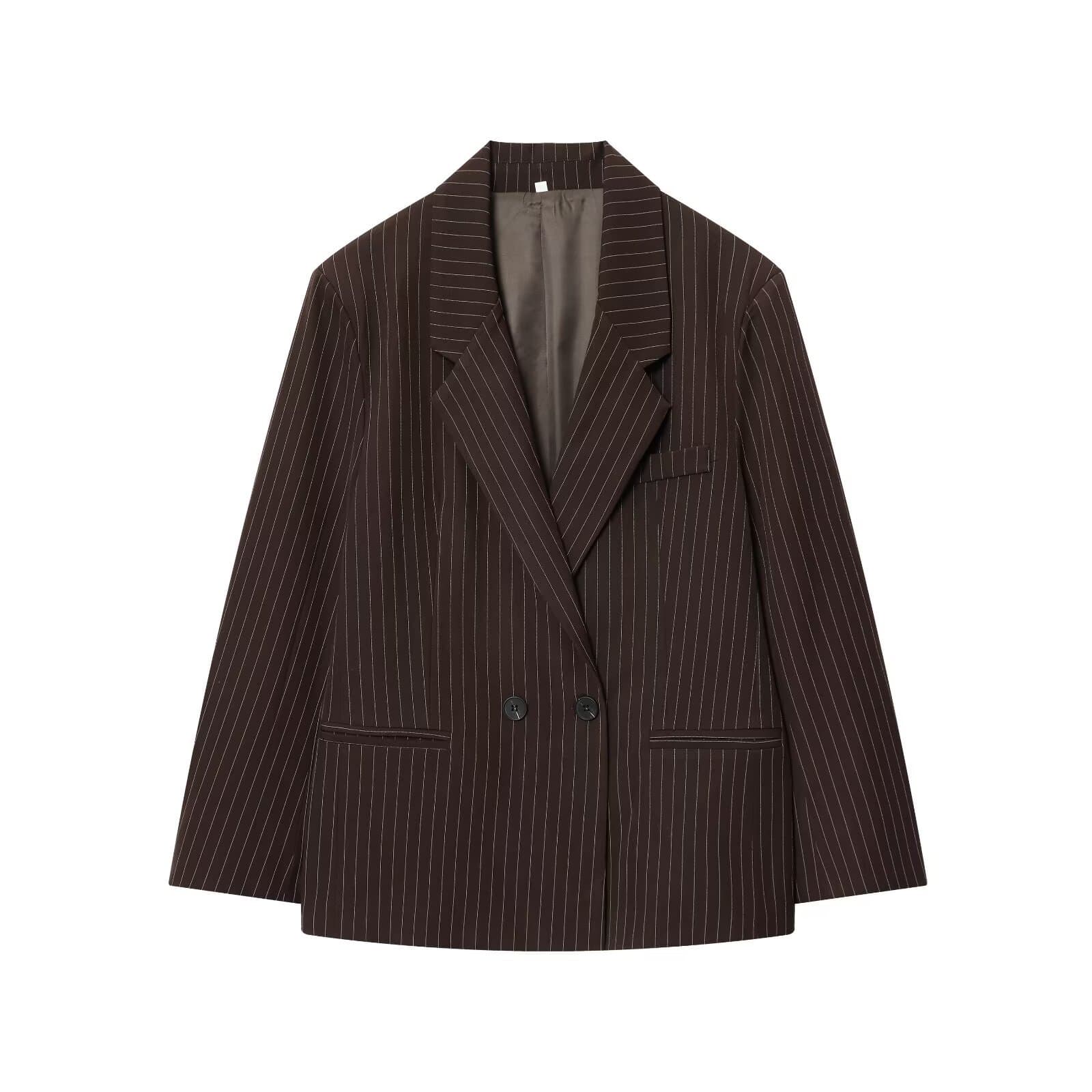 Cross-border Europe and America 2025 Autumn New Premium Suit Collar Striped Double-Breasted Loose Casual Commuter Blazer