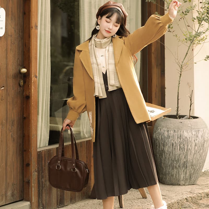 Original Design Autumn Whispers Chinese Style Modified Hanfu Shirt Dress Scarf Wool Coat 6666