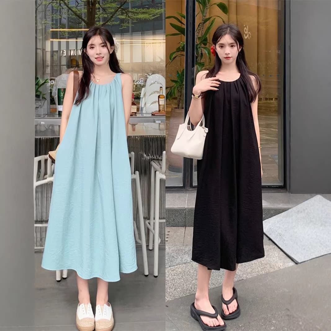 2026 French Camisole Dress Women Summer Backless Sleeveless Pleated Vest Dress Beach Dress Vacation Long Dress