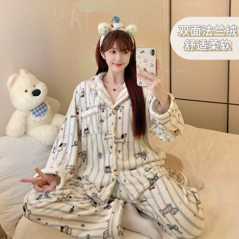 Factory Direct Winter Fleece-Lined Thickened Cardigan Cartoon Coral Fleece Flannel Pajamas Women Long Sleeve Long Pants Homewear