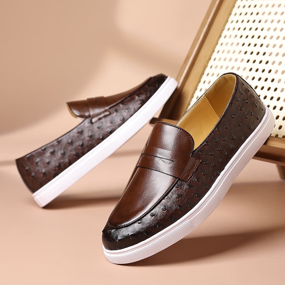 Cross-border Large Size Men's Fashion Slip-on Leather Shoes Casual Ostrich Pattern Loafers White Sole Driving Shoes Men's Export Size 48