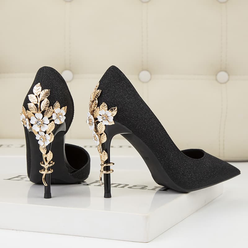 928-12 European and American Light Luxury Sexy Women's Shoes Metal Flower Pointed Toe Thin Heel High Heel Slimming Side Hollow Wedding Shoes