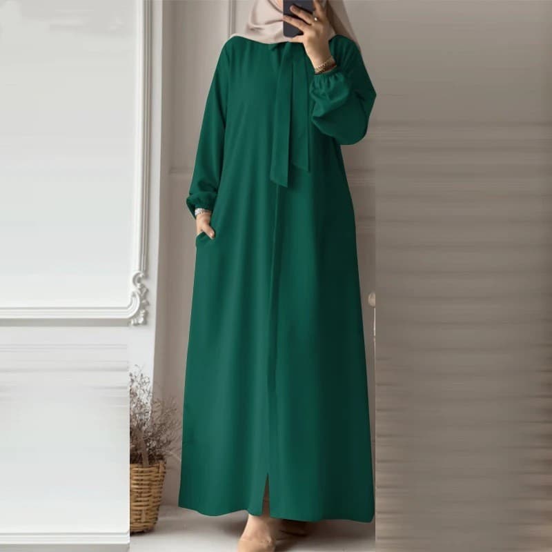 Muslim Women's Fashion Shirt Collar Sun Dress Long Sleeve Loose Cardigan Long Dress Polyester Fabric Comfortable Casual Style