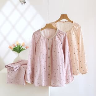 Women's Lace Round Neck Pajamas with Padded Bra, Spring and Autumn Dot Pattern Thin Long Sleeve and Long Pants, Bra-Free Double-Layer Gauze Loungewear