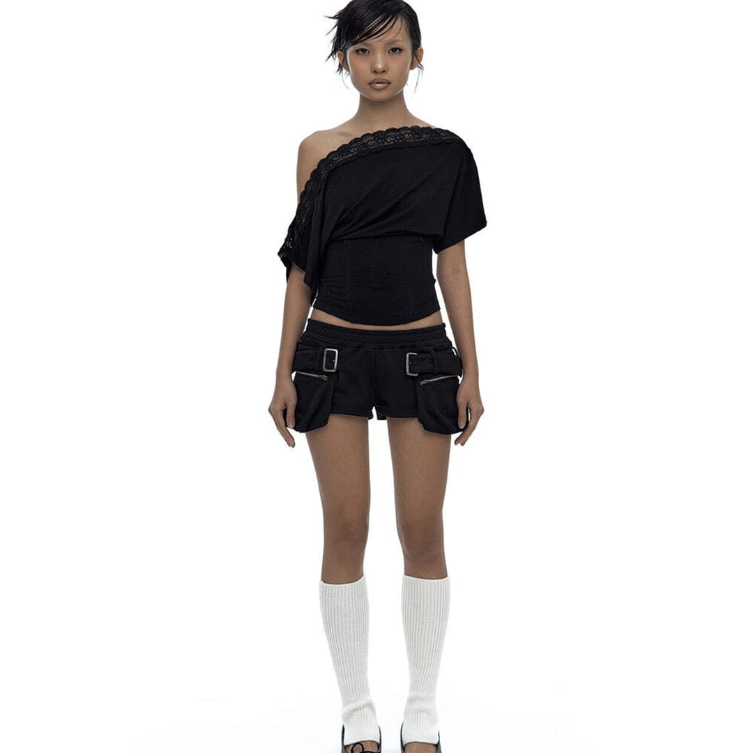 Lace Trim Off-Shoulder One-Shoulder Short Slim Fit Waist-Cinching Pure Desire Style Bare Shoulder Crop Top for Women