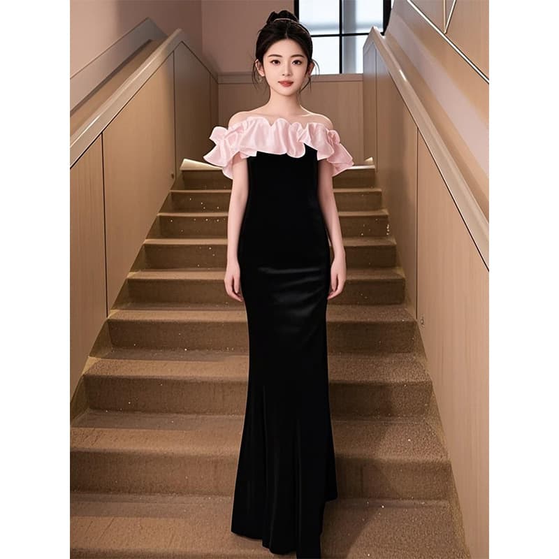 Girls Black Dress 2026 Spring Rich Little Black Dress High-End Luxury Niche Host Princess Fishtail