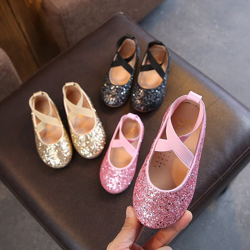 Girls' Princess Shoes 2023 Spring Sequined Crystal Shoes Bandage Leather Shoes Performance Sparkling Dance Shoes