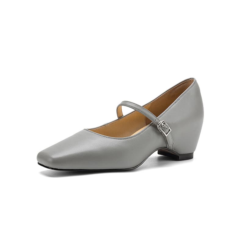 Soft Leather Mary Jane Flats with One-Strap Buckle, Shallow Mouth, Wedge Heel, Wide Width Women's Shoes Size 41-43, Genuine Leather, Vintage Square Toe, Size 40 Available