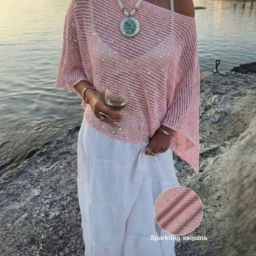 2026 Spring/Summer New Hollow Knit Cover-Up for Women, European and American Style, Loose Fit, See-Through, Three-Quarter Sleeve Top, Cross-Border