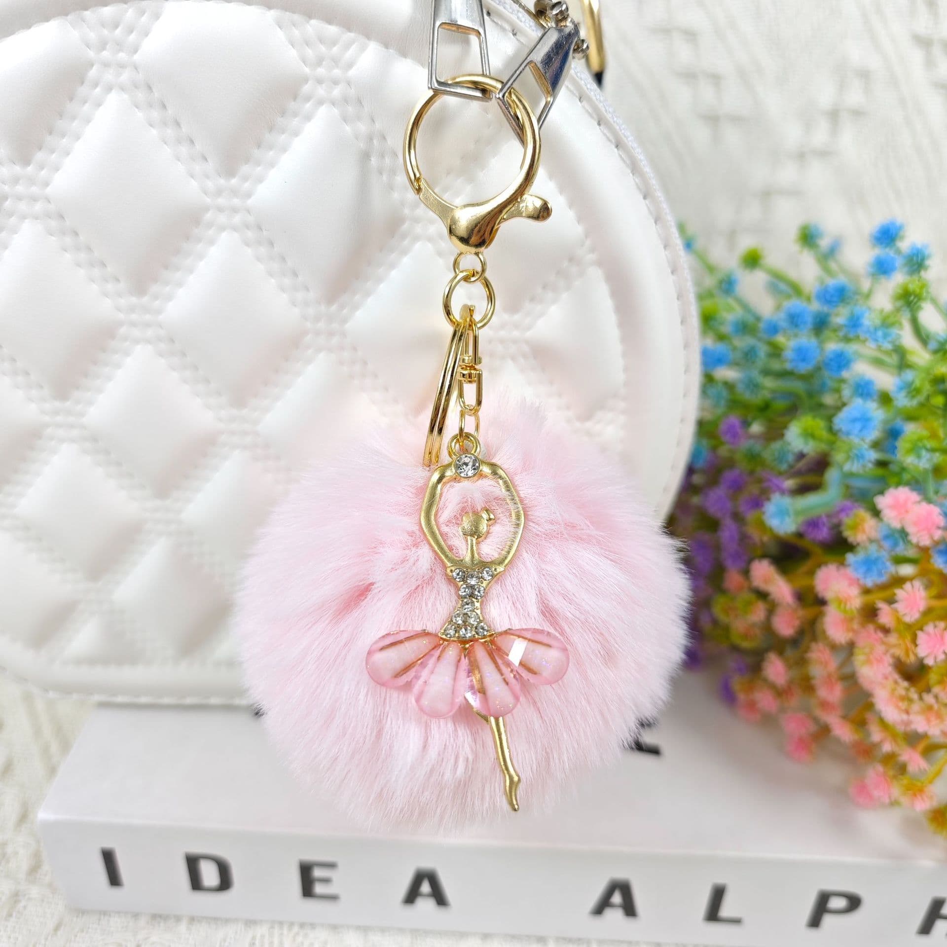 Wholesale Cute Faux Rabbit Fur Pom Pom Rhinestone Angel Ballet Girl 8CM Fur Ball Keychain Pendant