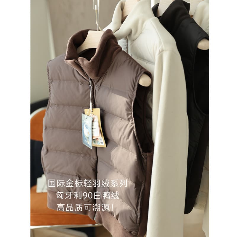 International Gold Standard Down! Hungary 90% White Duck Down Stand Collar Down Vest with Fleece Jacket, Women's Autumn/Winter New